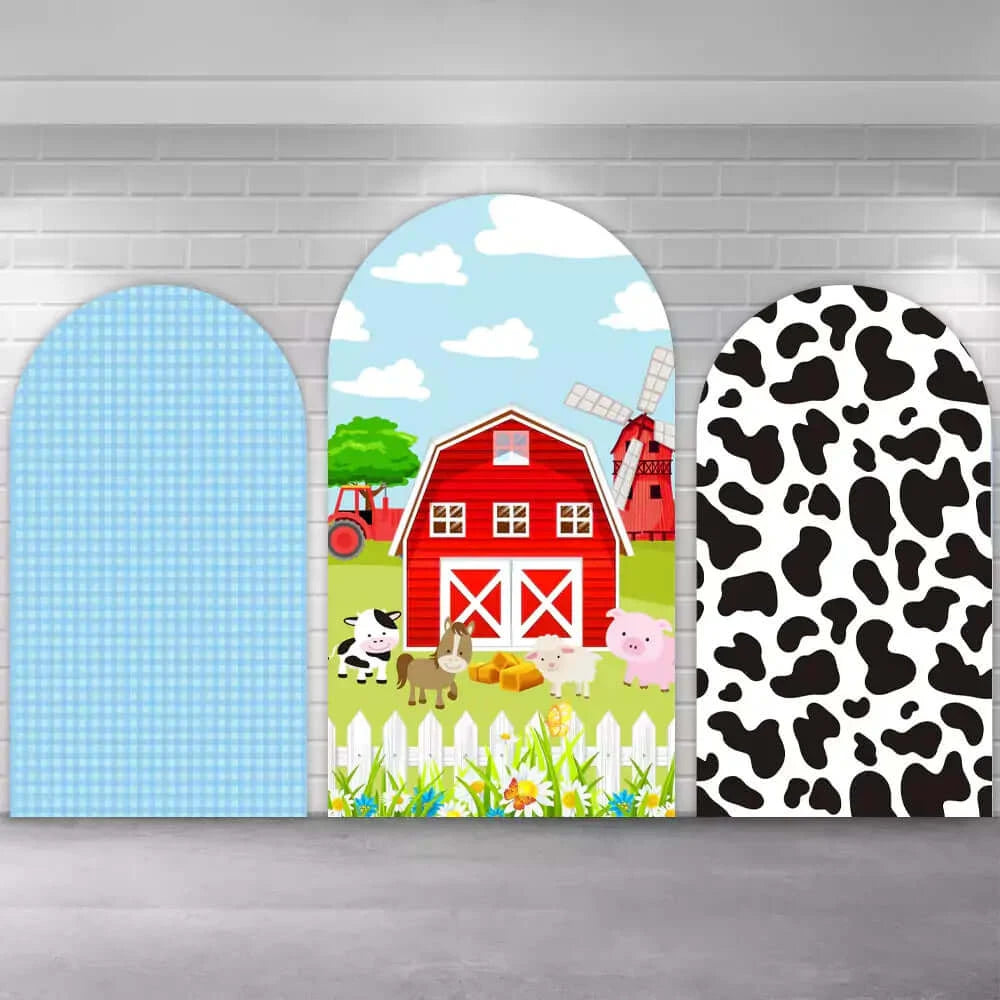 Cow Print House Cartoon Animals Farm Theme Birthday Party Arch Chiara Backdrop Cover