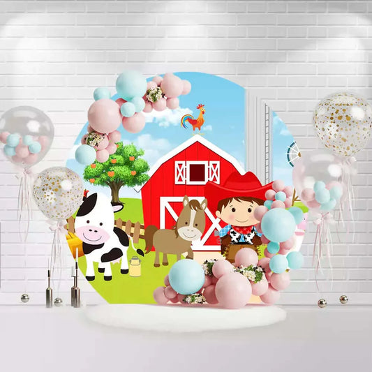 Round cowboy farm backdrop with red barn, animals, and smiling cowboy kid