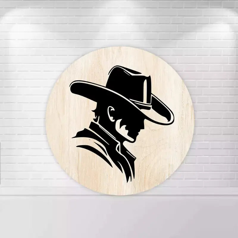 Round backdrop with a black silhouette of a cowboy wearing a hat, set against a light wood texture background.