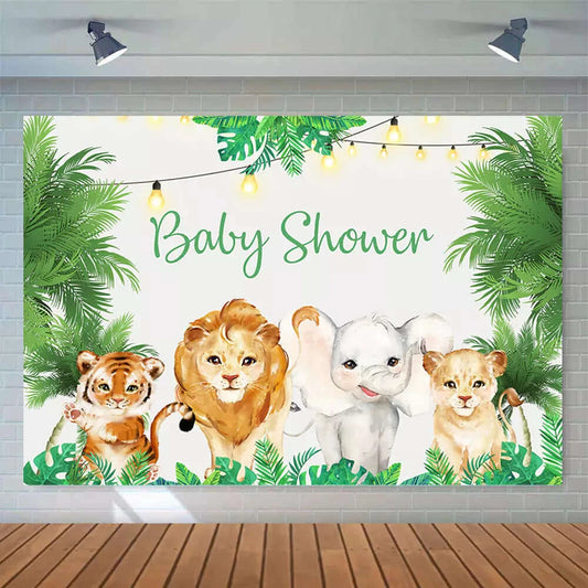 Green Leaves Cute Animals Tiger Lion Elephant Baby Shower Backdrop