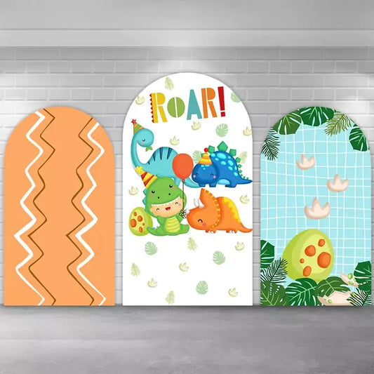 Fun 3-piece dinosaur-themed backdrop set with a roaring dinosaur illustration, playful dinosaurs in party hats, and dinosaur eggs, perfect for kids’ birthday parties or dinosaur-themed events.