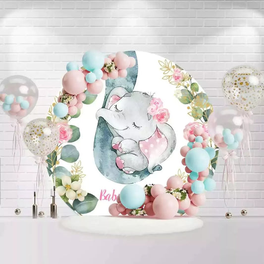 Adorable baby elephant round backdrop for baby shower with pink and green accents