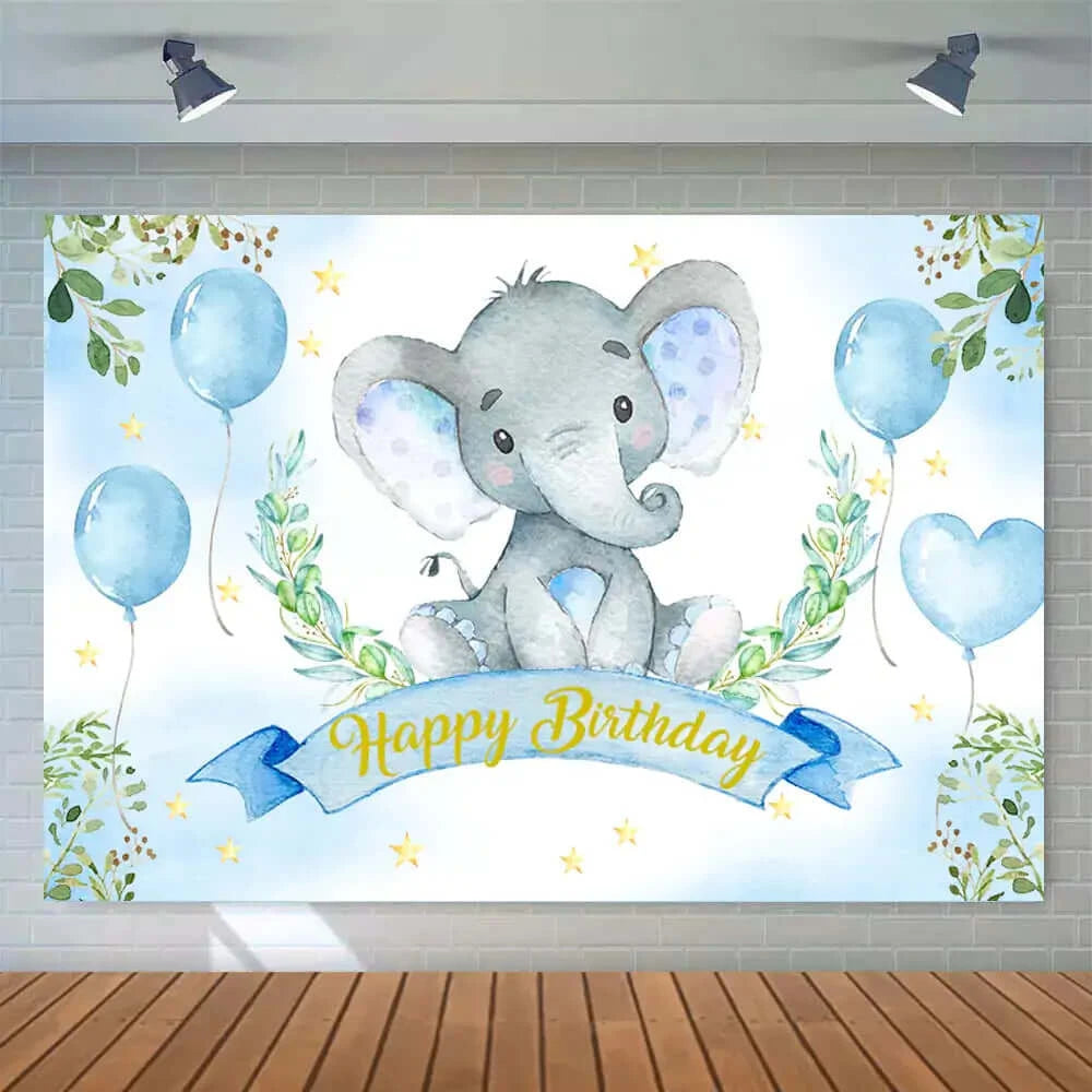 Blue Balloons Cute Elephant Baby Shower Boys 1st Birthday Party Backdrop