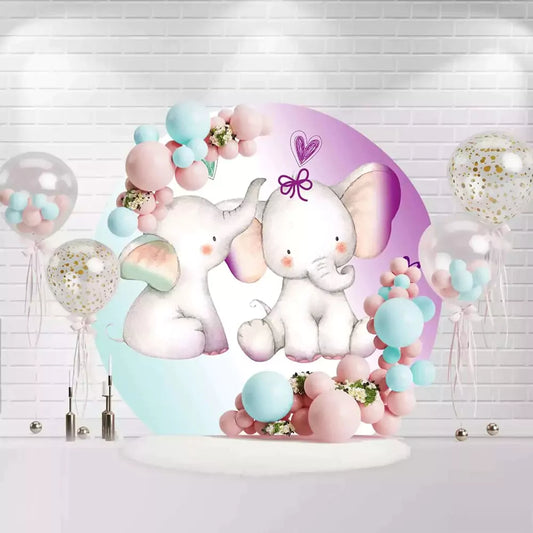 Cute elephant circle backdrop in pink and blue theme for gender reveal or baby shower