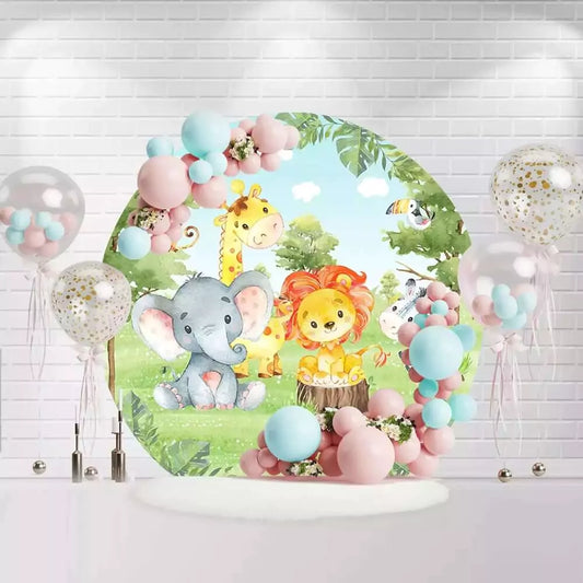 Round jungle safari backdrop with lion, elephant, giraffe, zebra, and monkey for kids party decoration