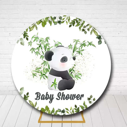 Panda baby shower round backdrop with green bamboo leaves for nature-themed party