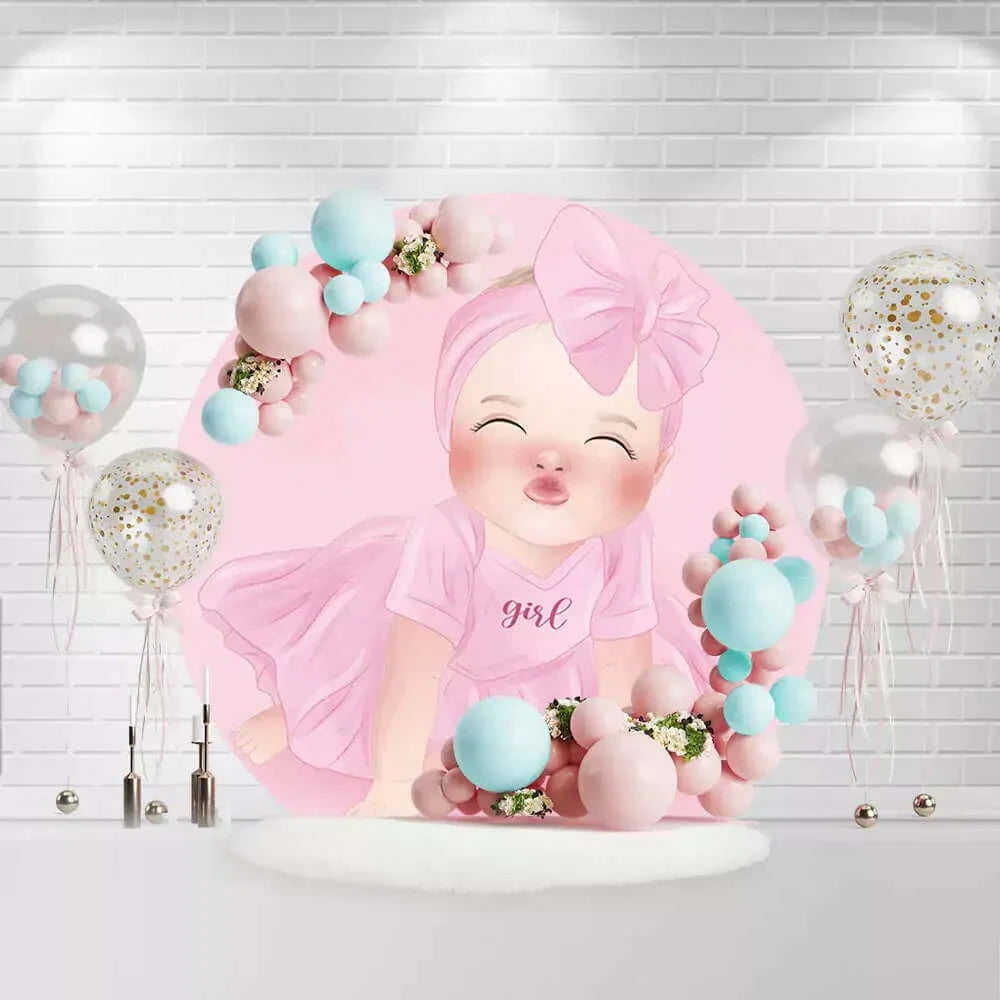 Stars Balloons Cute Pink Girls Baby Shower Round Backdrop Cover