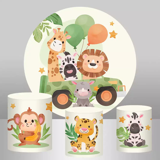 Safari-themed party backdrop set includes a round backdrop and three cylinder covers, all decorated with cute jungle animals and plants.