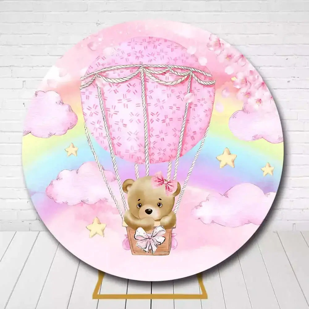 Cute teddy bear hot air balloon circle background for girls birthday or baby shower
