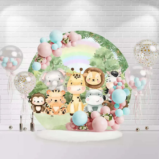 Safari-themed circle backdrop featuring cute zoo animals for kids party decoration