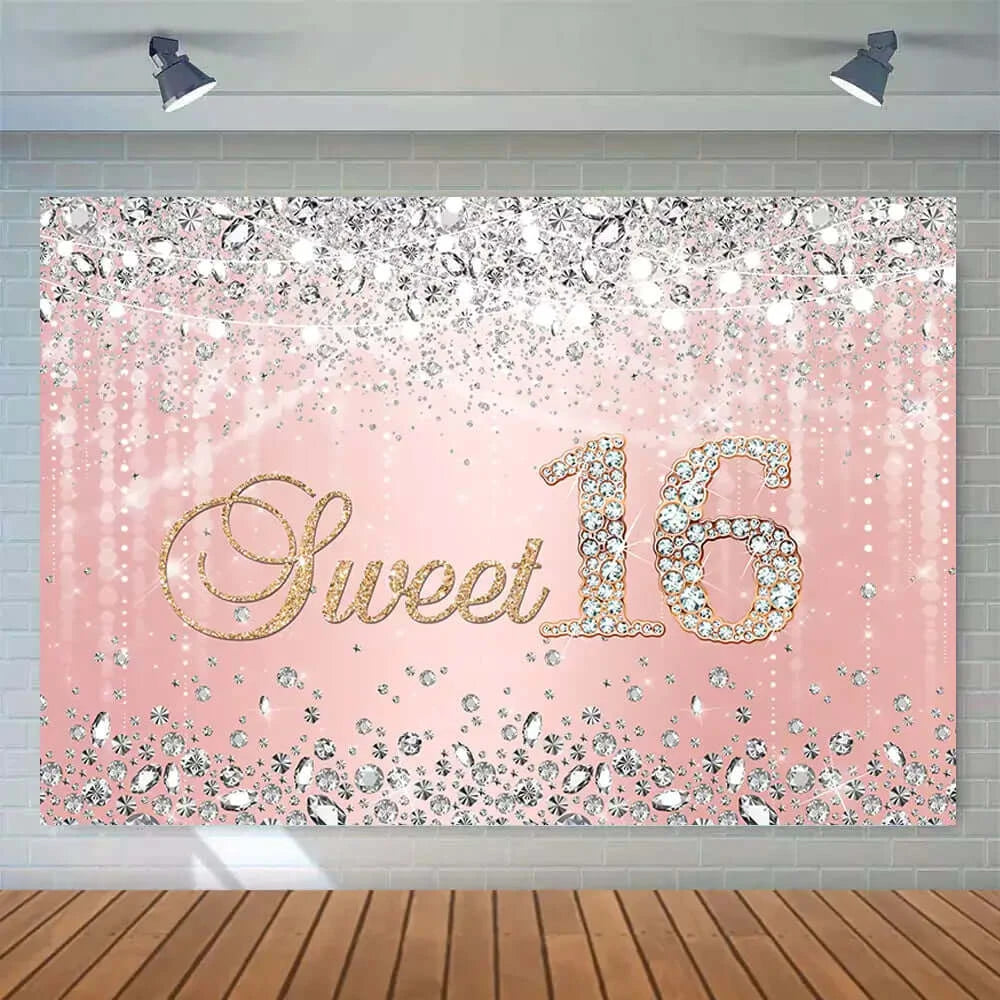 Diamonds Pink Girls Sweet 16 Birthday Party Photography Backdrop