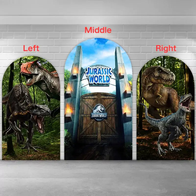 Action-style dinosaur party backdrop trio with a towering entry gate and lifelike prehistoric reptiles in a dense green jungle—ideal for dino birthdays and adventure parties.