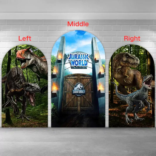 Action-style dinosaur party backdrop trio with a towering entry gate and lifelike prehistoric reptiles in a dense green jungle—ideal for dino birthdays and adventure parties.