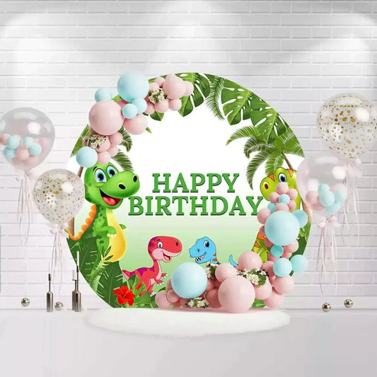 Round dinosaur birthday backdrop with cartoon dinos, palm trees, and jungle leaves