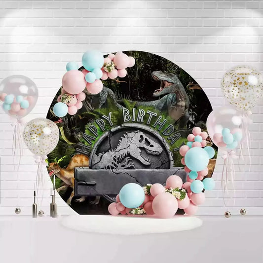 Round Happy Birthday dinosaur backdrop with jungle background and multiple dinosaurs