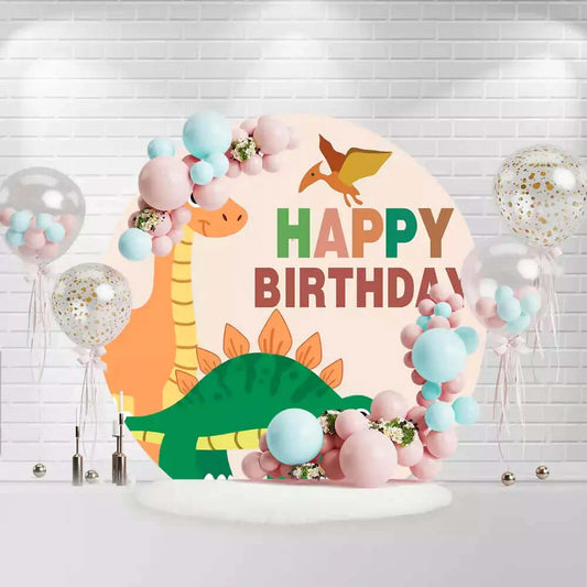 Round dinosaur-themed backdrop with "Happy Birthday" text and cute dinosaurs