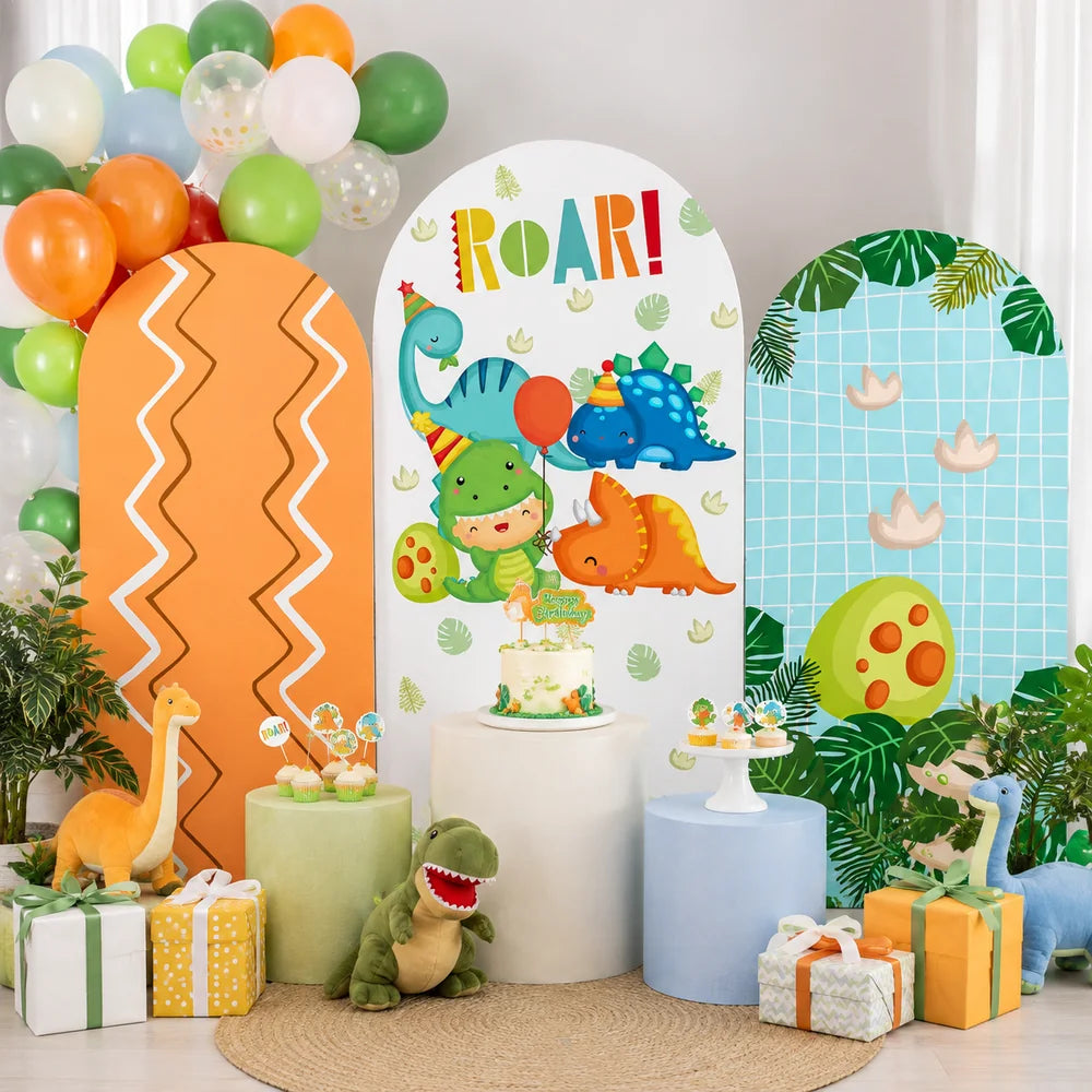 Colorful dinosaur birthday party set with three arch backdrop covers featuring cute cartoon dinosaurs, ROAR lettering, tropical leaves, dinosaur footprints and an egg design.