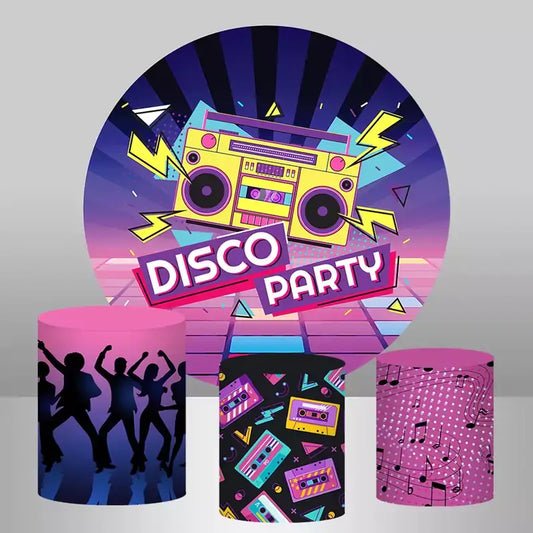 A disco-themed party decor set featuring a round backdrop with a yellow boombox and "Disco Party" text, alongside three matching cylinder covers with dancing silhouettes, cassette tapes, and musical notes.