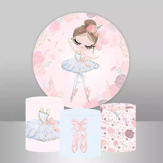 Ballerina-themed round backdrop with a ballerina in a tutu, along with three matching cylinder covers featuring ballet shoes, a tutu, and floral patterns.