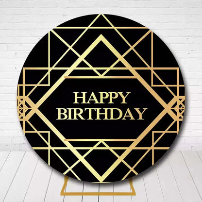 Black and gold round birthday backdrop with geometric design for photo booth