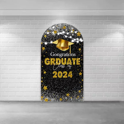 Black And Gold Congratulation Graduation Arch Backdrop Cover Class Of 2024 Bachelor Cap Chiara Photography Background