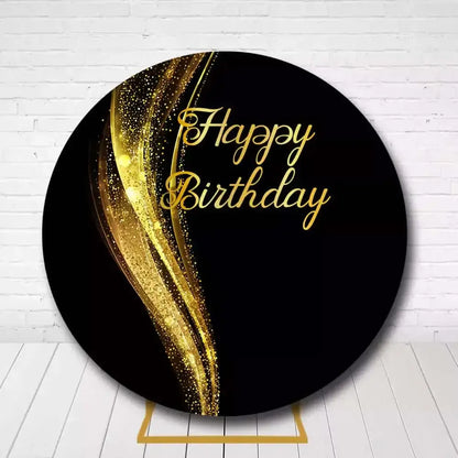 Elegant circle birthday backdrop featuring golden glitter accents on black background