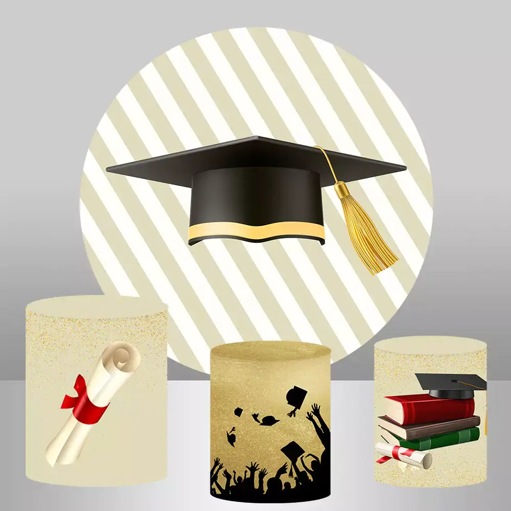 A sophisticated backdrop set featuring a round backdrop with a graduation cap design and three cylinder covers with graduation-related images.