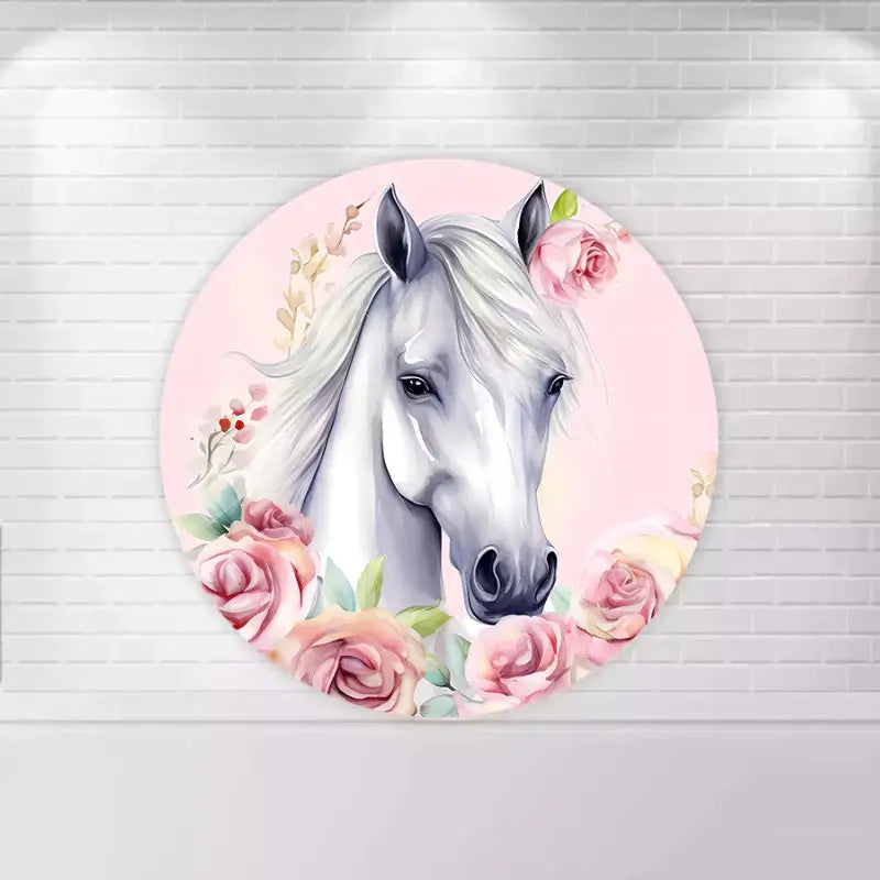 Round backdrop with a white horse surrounded by pink roses and greenery, set against a soft pink background.