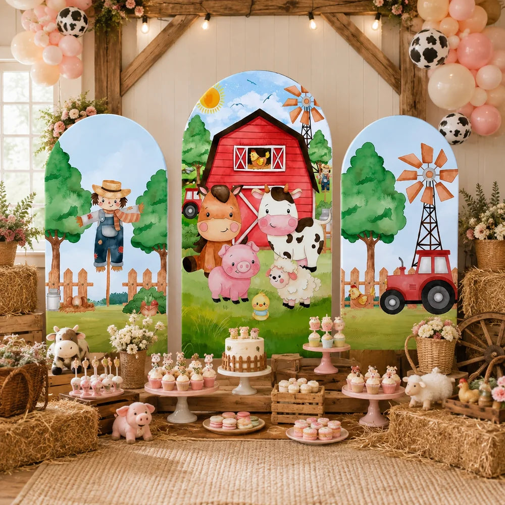 Farm animal party set with three arch backdrop covers featuring a red barn, horse, cow, pig, sheep, chick, scarecrow, tractor and windmill designs.