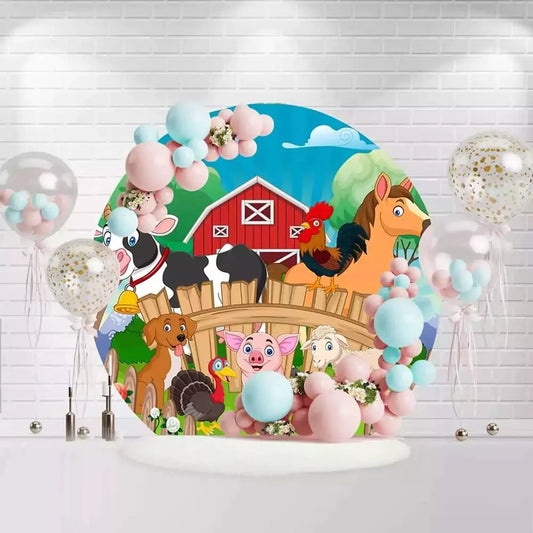Round farm animals backdrop with cow, pig, horse, rooster, and barn for kids party decoration
