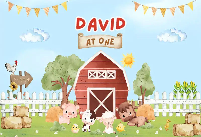 Cute farm animals backdrop with red barn and sunny field design for baby’s first birthday photos
