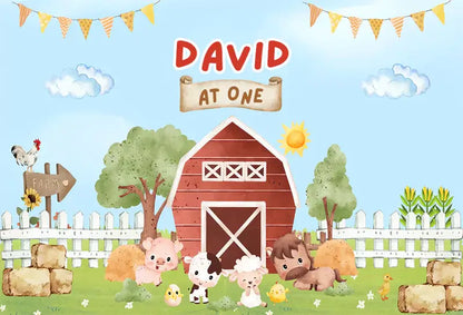 Cute farm animals backdrop with red barn and sunny field design for baby’s first birthday photos
