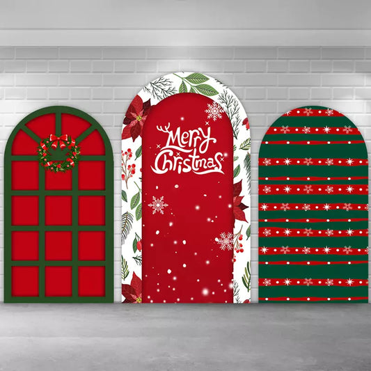 3-piece Christmas backdrop set with a red and green door with wreath, ‘Merry Christmas’ message, and festive striped design, perfect for holiday parties, Christmas photo booths, and New Year celebrations.