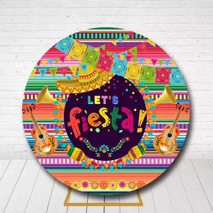 Vibrant fiesta party round backdrop featuring musical instruments and Mexican theme