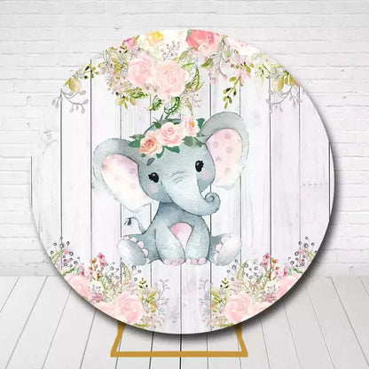 Pastel elephant party backdrop with flowers and wooden background for baby shower