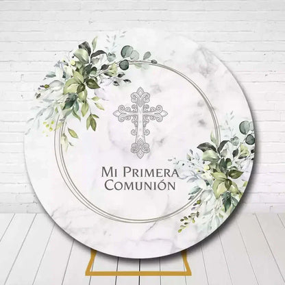 Religious First Communion circle backdrop with delicate greenery and cross symbol