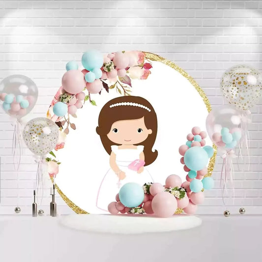 First communion girl backdrop featuring a cute girl in a white dress with a floral frame and a cross in her hand