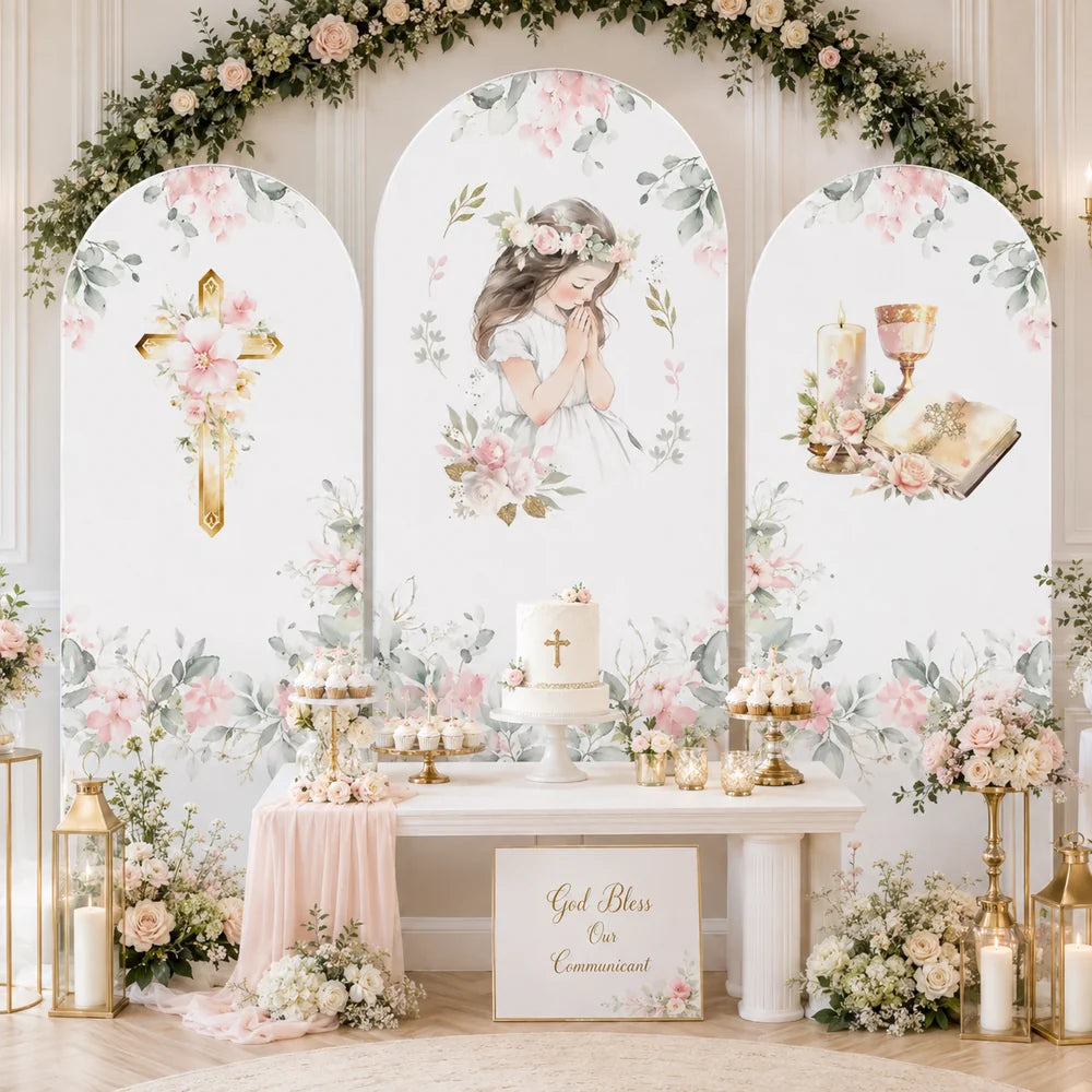 First Communion girl party set with three arch backdrop covers featuring a praying girl, floral gold cross, chalice, candle, Bible and soft pink watercolor flowers.