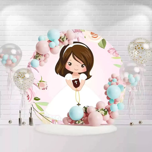 Round First Communion backdrop with girl in white dress holding Bible and rosary