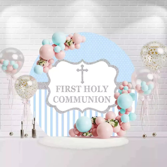 Blue and silver First Holy Communion backdrop with cross