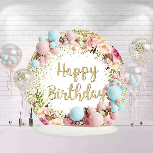 Elegant Happy Birthday circle backdrop featuring pink and blue balloons with floral accents