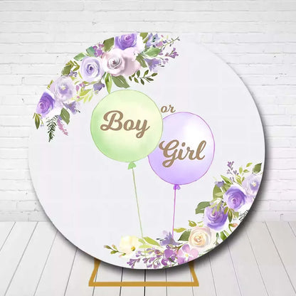 Baby shower circle backdrop featuring pastel balloons and flowers for gender reveal party