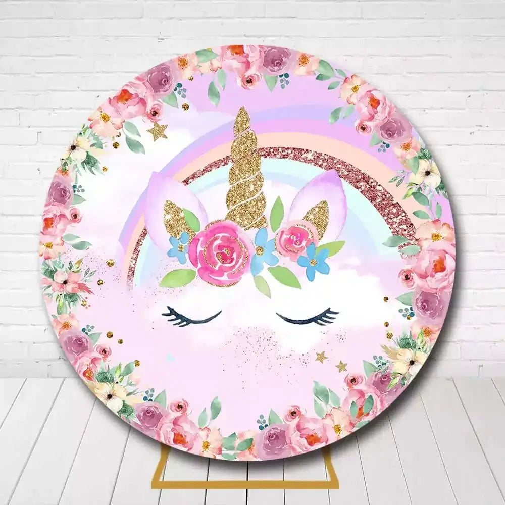 Floral rainbow unicorn circle background for girls’ birthday celebration
