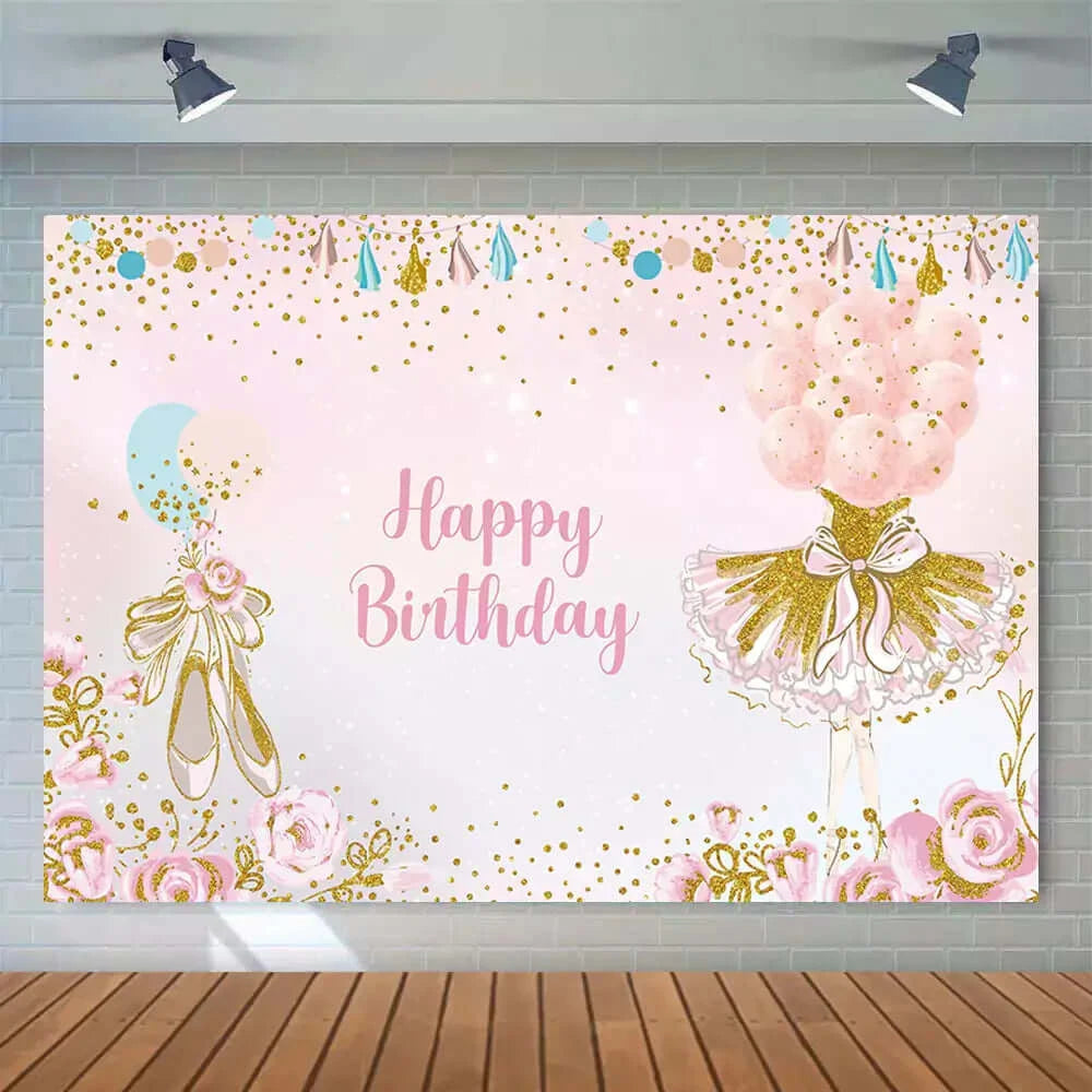 Flowers Gold Glitter Balloons Pink Girls Dance Ballerina Backdrop