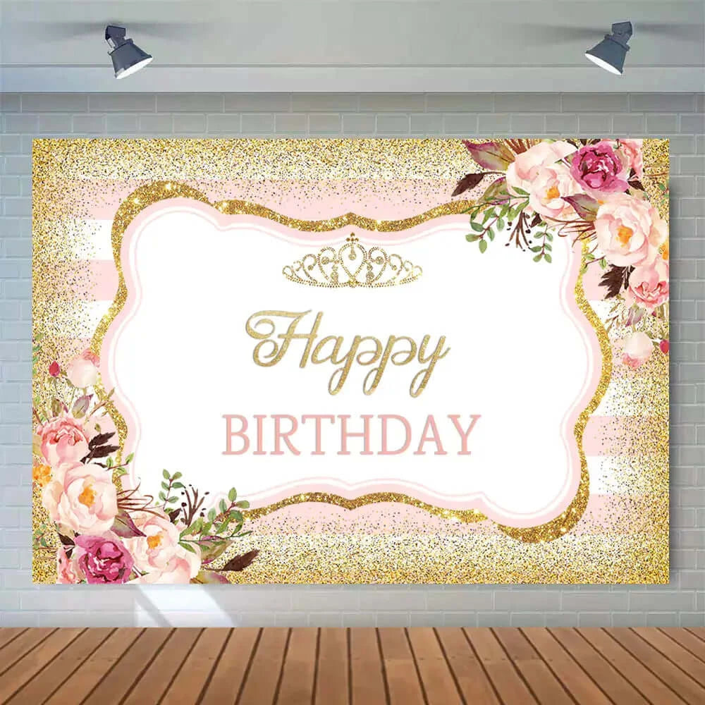  Flowers Gold Glitter Crown Lady Woman Birthday Party Backdrop