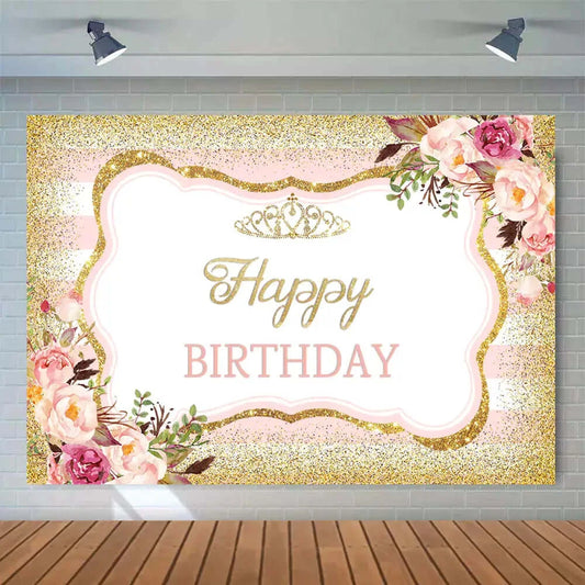  Flowers Gold Glitter Crown Lady Woman Birthday Party Backdrop