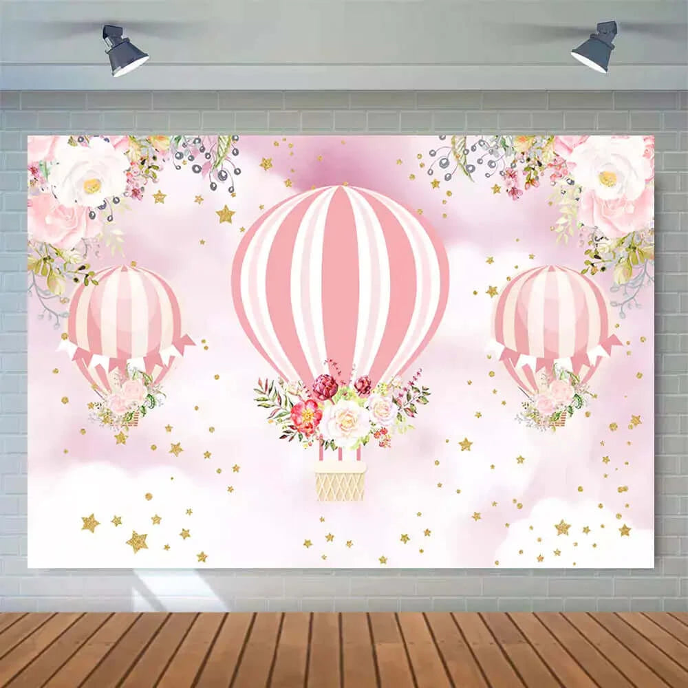 Sky Little Gold Stars Flowers Pink Hot Air Balloons Girls Newborn Baby Shower Photography Backdrop