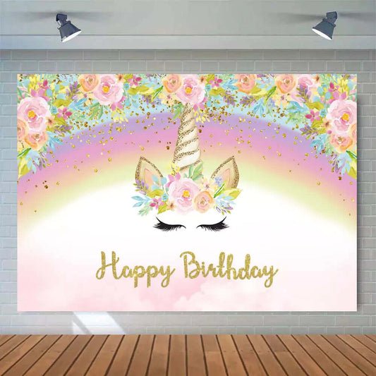 Flowers Rainbow Unicorn Theme Girls Happy Birthday Party Backdrop