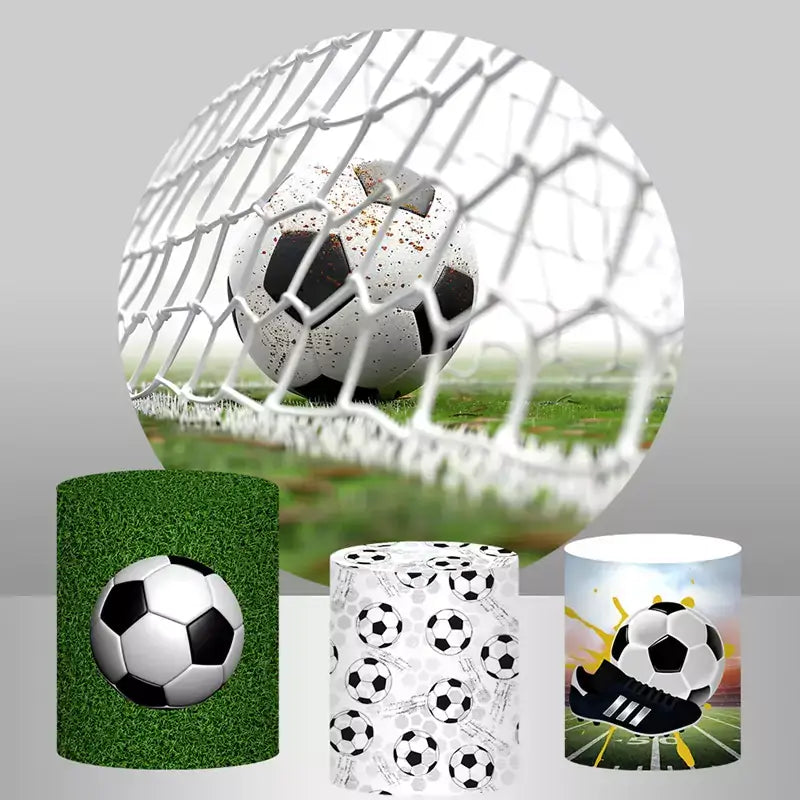 Football party decor set featuring goal backdrop, grass print stand and soccer ball plinths