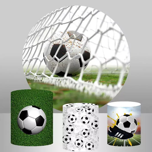 Football party decor set featuring goal backdrop, grass print stand and soccer ball plinths